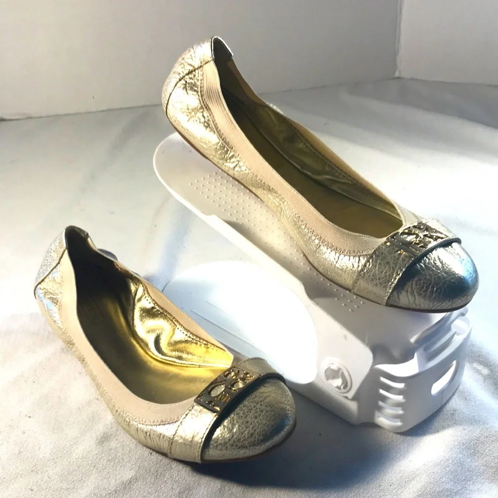Coach Dora Cuba Textured Metallic Platinum Gold Logo Women's Ballet Pull On Flat